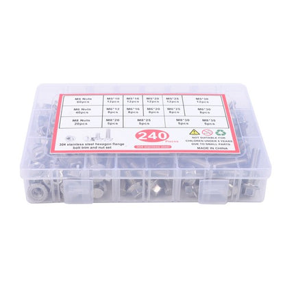 Solid Spare 240 pieces of M5, M6, M8 Flanged 304 Stainless Steel Bolts and Nuts Kit