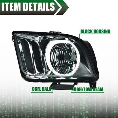 Solid Spare Smoke Lens LED DRL Halo Headlights Assembly Fit For 2005-2009 Ford Mustang