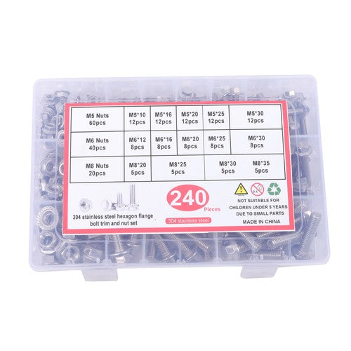 Solid Spare 240 Pcs Flanged Stainless Steel Bolts and Nuts Kit M5, M6, M8 Metric Assortment