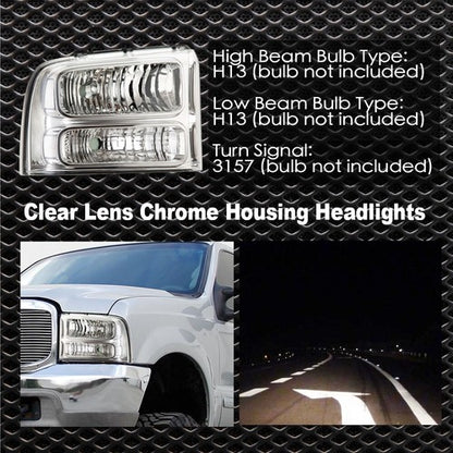 Solid Spare Clear Corner Chrome Headlights Fit For 2005-2007 Ford F-250 F-350 Super Duty