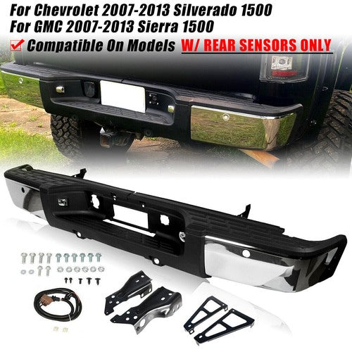 Solid Spare New Chrome Rear Bumper For 2007-2013 Chevy Silverado GMC Sierra 1500 Sensor Hole