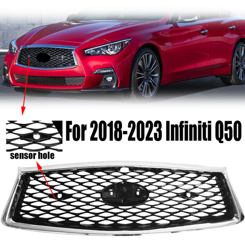 For 2018-2023 Infiniti Q50 Chrome Bezel Front Bumper Black Grille W/sensor holes