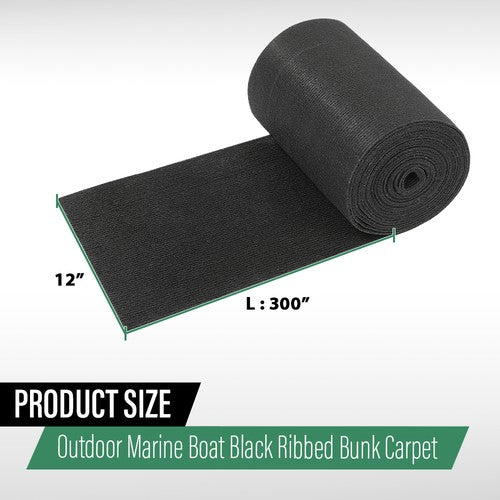 Solid Spare 12" x 25' Ribbed Bunk Carpet / Marine Boat Trailer Runners / Outdoor - Black