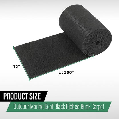 Solid Spare 12" x 25' Ribbed Bunk Carpet / Marine Boat Trailer Runners / Outdoor - Black