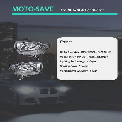 Solid Spare Headlight Fit For Honda Civic 2016-2020 Headlamps Driver + Passenger Side Pair