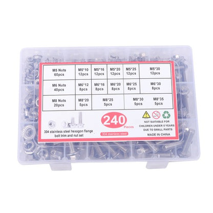 Solid Spare 240 pieces of M5, M6, M8 Flanged 304 Stainless Steel Bolts and Nuts Kit