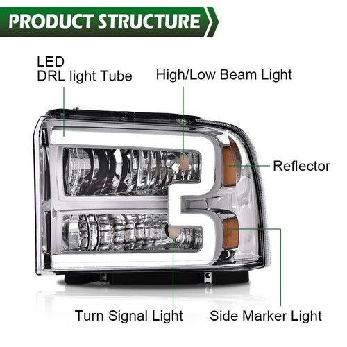 Solid Spare Fit For 05-07 Ford F250 F350 Super Duty Conversion LED DRL Headlights Chrome