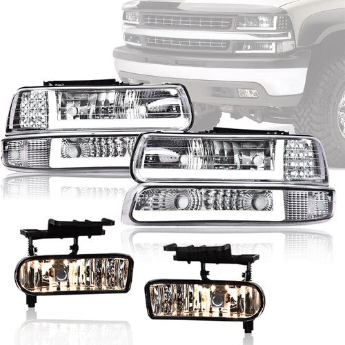 Solid Spare Fit For 99-06 Silverado Suburban Tahoe LED DRL Chrome Headlights+Fog Lights