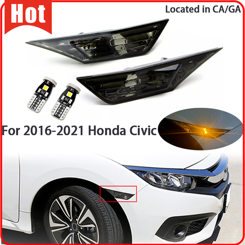 For 2016-2021 Honda Civic Smoked Side Marker Lamp Turn Signal Light W/LED Bulbs