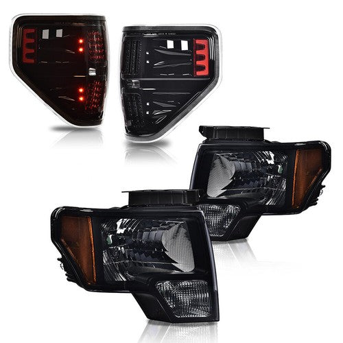 Solid Spare Fit For 2009-2014 Ford F-150 Pickup Smoke Headlights + Clear LED Tail Lights