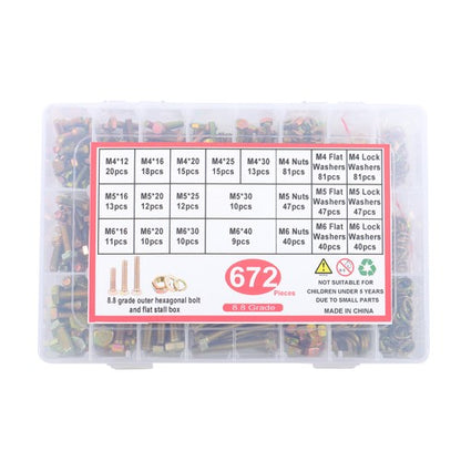 Solid Spare Alloy Steel Bolts and Nuts Flat & Lock Washers Assortment Kit M4 M5 M6 672PCS
