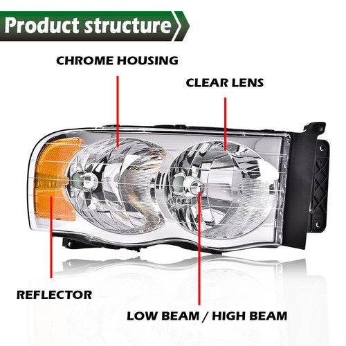 Solid Spare Amber/Chrome Headlights+Fog Lights Fit For 2002-2005 Dodge Ram 1500 2500 3500
