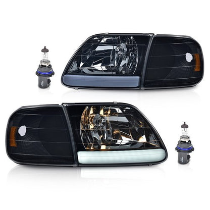 Solid Spare Fit For 97-04 Ford F150 Black/Smoked LED Strip Headlights Headlamps LH+RH