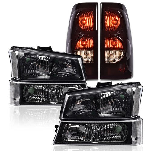Solid Spare Fit For 2003-2006 Chevy Silverado Clear/Black Headlights+Smoke Tail Lights