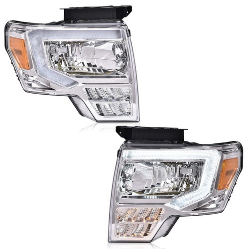 Solid Spare Fit For 2009-2014 Ford F-150 Amber Corner Chrome Housing LED DRL Headlights