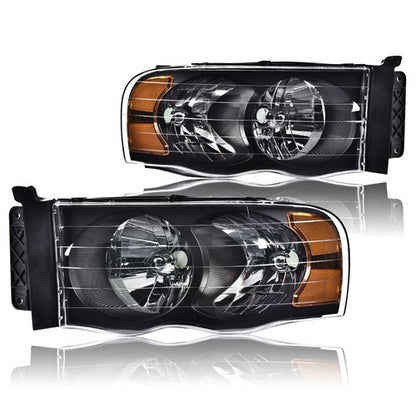 Solid Spare Clear Lens Black Housing Headlights Fit For 2002-2005 Dodge Ram 1500 2500 3500