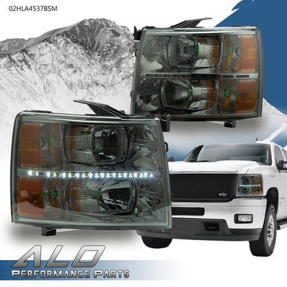 Solid Spare Fit For 2007-2014 Chevy Silverado 1500/2500/3500 Smoke Lens LED DRL Headlights