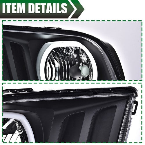 Solid Spare LED DRL Halo Headlights Assembly Fit For 2005-2009 Ford Mustang Black Headlamps