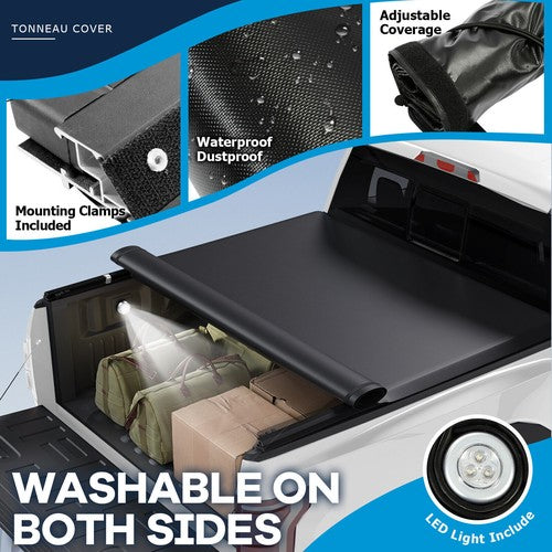 Solid Spare Soft Roll Up 5.8 FT Tonneau Cover w/Light For 07-25 GMC Sierra Silverado 1500