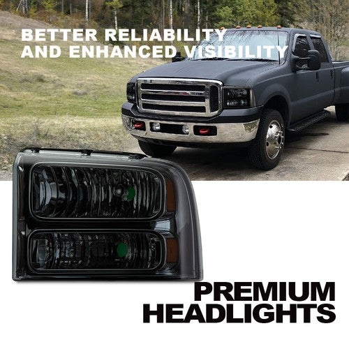 Solid Spare FIT FOR 05-07 FORD F250 F350 F450 F550 SUPERDUTY SMOKE HEADLIGHTS LAMPS PAIR