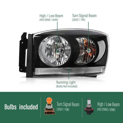 Solid Spare Clear Black Headlights Fit For 06-08 Dodge Ram 1500/2006-09 Ram 2500 3500