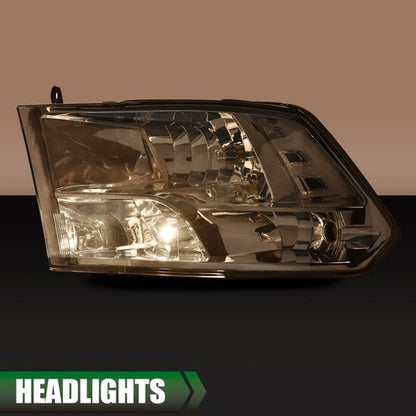 Solid Spare Fit For 09-18 Dodge Ram 1500 2500 3500 Smoke Lens Chrome Headlights Left+Right