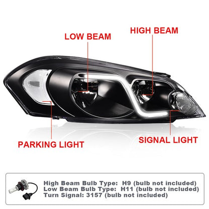 Solid Spare Fit For 2006-2016 Chevy Impala Clear Corner Black Housing LED DRL Headlights