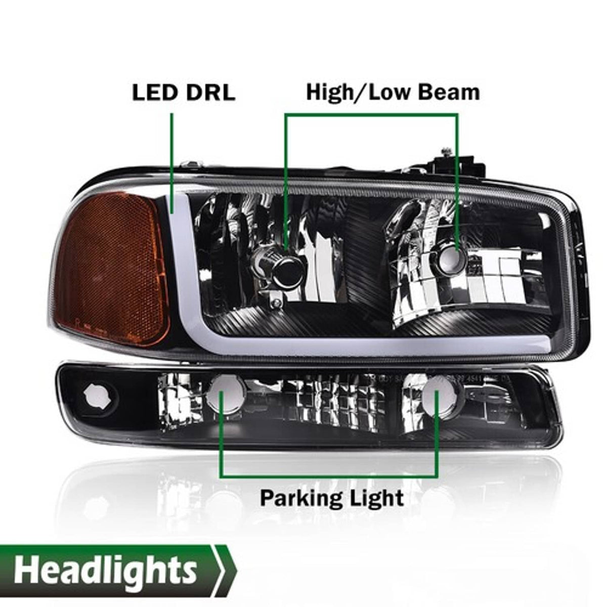 Solid Spare Fit For 1999-2007 GMC Sierra Yukon LED DRL Headlights w/ Bumper Lamps Black