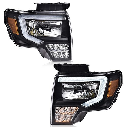 Solid Spare Fit For 2009-2014 Ford F-150 Headlights Black/Clear LED DRL Head Lamps Pair