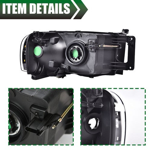 Solid Spare Clear Lens Black Housing Headlights Fit For 2002-2005 Dodge Ram 1500 2500 3500