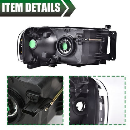 Solid Spare Clear Lens Black Housing Headlights Fit For 2002-2005 Dodge Ram 1500 2500 3500