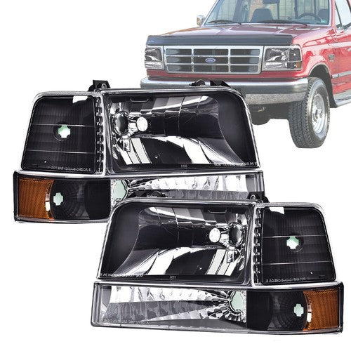 Solid Spare Fit For 1992-1996 Ford F150 F250 F350 Bronco Amber Reflector Black Headlights