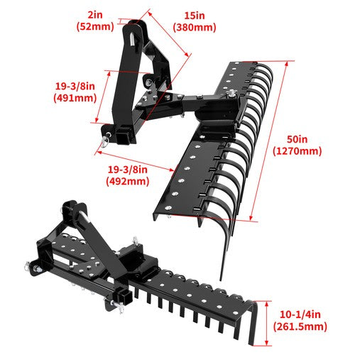 Solid Spare Cat 0 Tractor Hookup 3-Point Landscape Rake Black 50" Grass Comb Garden tools