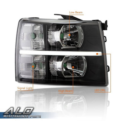 Solid Spare Fit For 2007-2014 Chevy Silverado LED DRL Strip Clear Black Headlights Headlamps