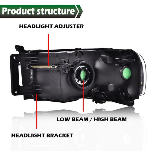 Solid Spare Amber/Chrome Headlights+Fog Lights Fit For 2002-2005 Dodge Ram 1500 2500 3500