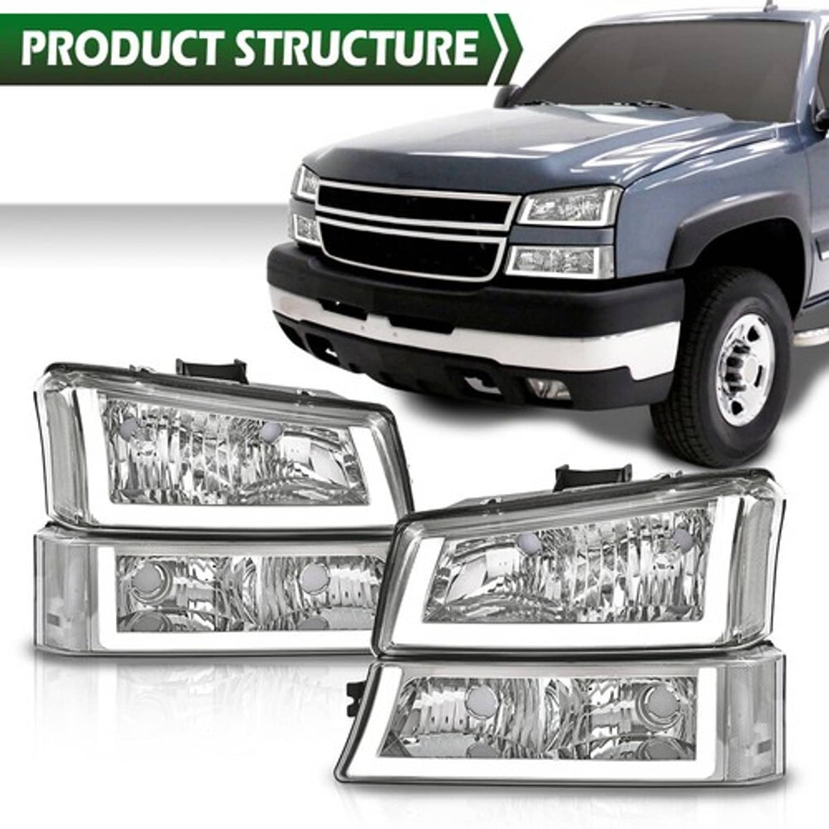 Solid Spare FIT FOR 03-06 SILVERADO CLEAR HEADLIGHT LAMPS WITH LED DRL + FOG LIGHTS SET