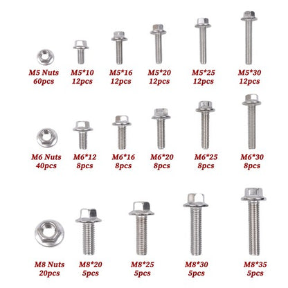 Solid Spare 240 Pcs Flanged Stainless Steel Bolts and Nuts Kit M5, M6, M8 Metric Assortment