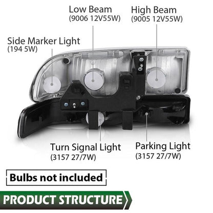 Solid Spare Fit For 98-04 Chevy S10 Blazer Chrome/Amber Corner Headlights Bumper Headlamps