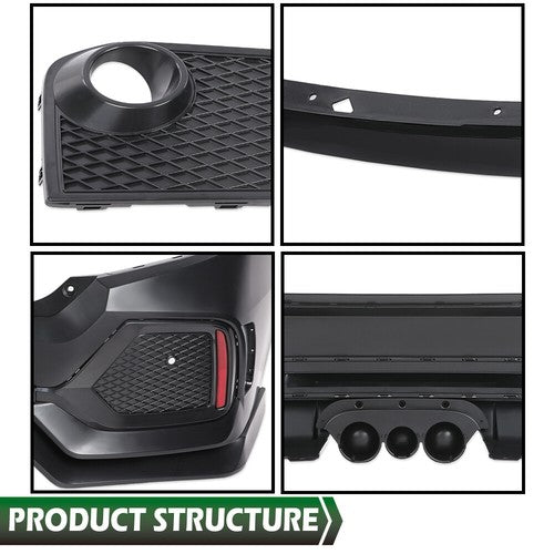 Solid Spare Fit For 2016-2021 Honda Civic Type R Style Front & Rear Bumper Cover Full Set