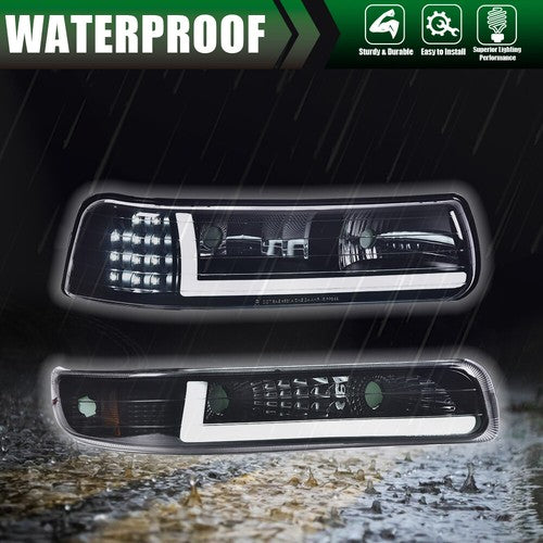 Solid Spare LED DRL Headlights+Bumper Lamps Black Fit For 99-02 Chevy Silverado 00-06 Tahoe