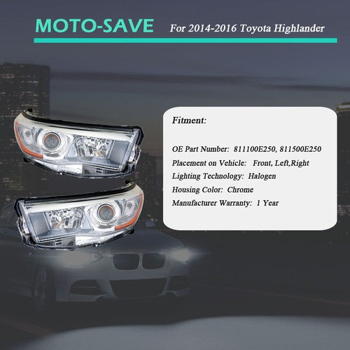 Solid Spare Left+Right Side Clear Front Headlights Headlamps For Toyota Highlander 2014-2016