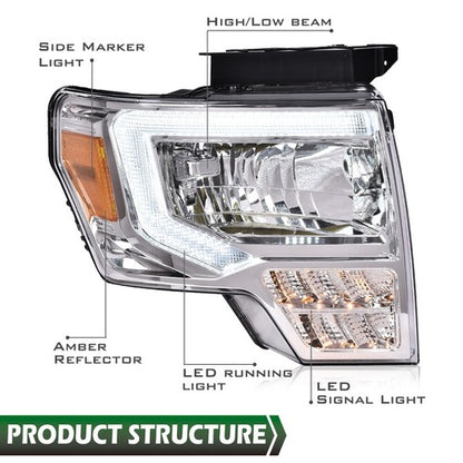 Solid Spare Fit For 2009-2014 Ford F-150 Amber Corner Chrome Housing LED DRL Headlights