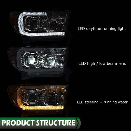 Solid Spare Fit For 07-13 Tundra 08-17 Sequoia Chrome/Amber LED Tube Projector Headlights