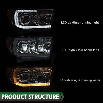 Solid Spare Fit For 07-13 Tundra 08-17 Sequoia Chrome/Amber LED Tube Projector Headlights
