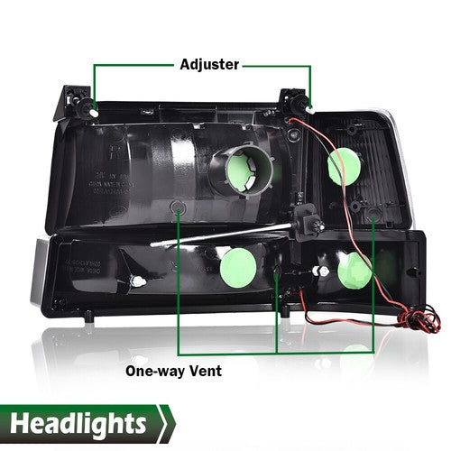 Solid Spare FIT FOR 92-96 FORD F150 F250 F350 LED DRL BLACK HEADLIGHT CORNER/BUMPER