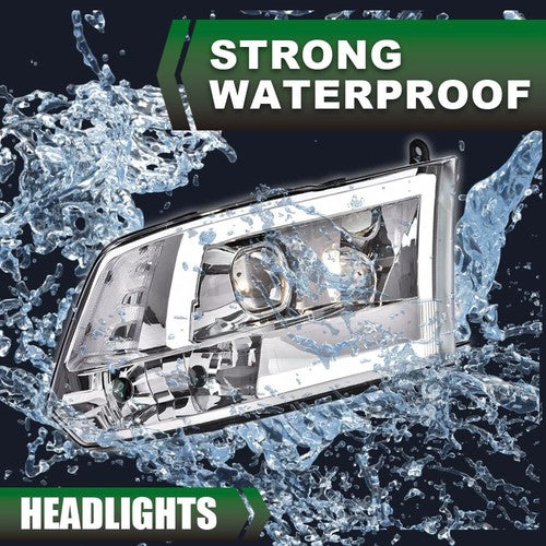 Solid Spare Fit For 2009-2018 Dodge Ram 1500 2500 3500 LED DRL Projector Headlights Chrome