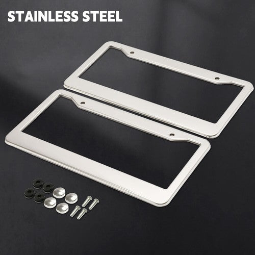 Solid Spare 2PCS Chrome Stainless Steel Metal License Plate Frame Tag Cover With Screw Caps
