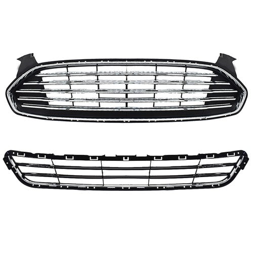 Solid Spare New For Ford Fusion 2013-2016 2pcs Chrome Grill Front Upper & Lower Grille Kit