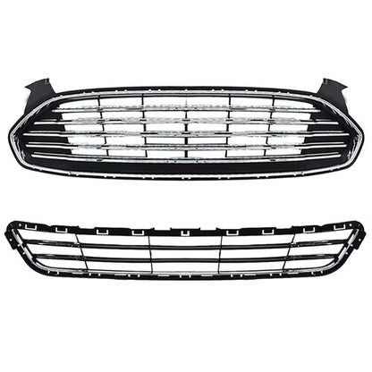 Solid Spare New For Ford Fusion 2013-2016 2pcs Chrome Grill Front Upper & Lower Grille Kit
