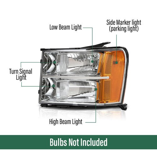 Solid Spare Amber Corner Chrome Headlights Fit For 2007-2014 GMC Sierra 1500 2500HD 3500HD